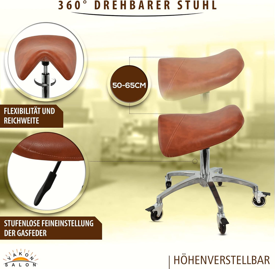 Premium Sattelhocker Hellbraun mit Bremse, Sattelstuhl für Rückenentlastung, Rollhocker höhenverstel