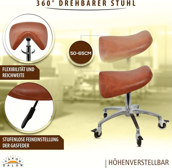 Premium Sattelhocker Hellbraun mit Bremse, Sattelstuhl für Rückenentlastung, Rollhocker höhenverstel