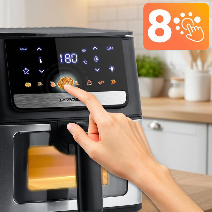 Berdsen Heissluftfritteuse XL 6,5L - Airfryer mit Sichtfenster und Touchscreen - 1700W - 8 Programme