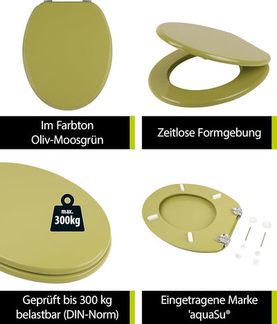 aquaSu® WC-Sitz Grün Venezia, Toilettendeckel in Oliv, Metallscharniere rostfrei, mit robustem Holz-