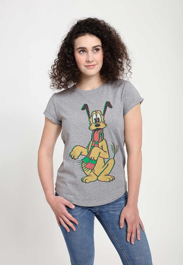 Disney Damen Mickey Classic Pluto Holiday Colors gerollten Ärmeln T-Shirt L Melange Grey, L Melange
