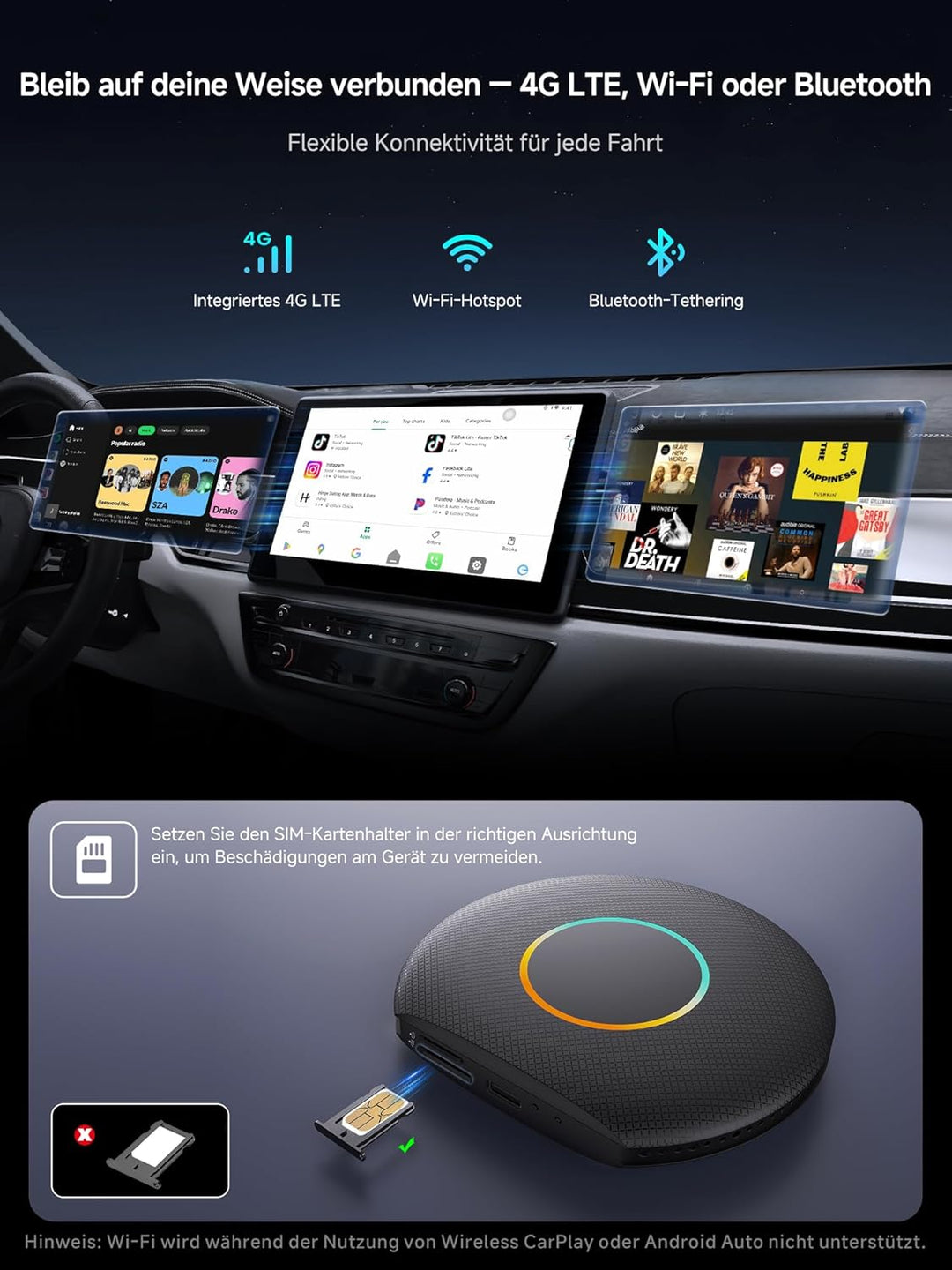 CarPlay Wireless Adapter, Smart AI Box CarPlay Video-Apps, Kompatibel mit Kabelgebundenem Werkseitig
