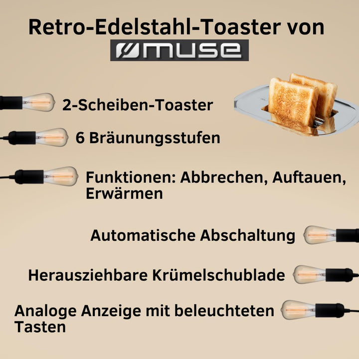 Muse Wasserkocher und Toaster Set, 2er Frühstücks-Set mit Retro Wasserkocher und 2 Scheiben Toaster