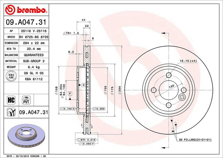 Brembo 09.A047.31 Vordere Bremsscheibe mit UV Lackierung, Anzahl 2