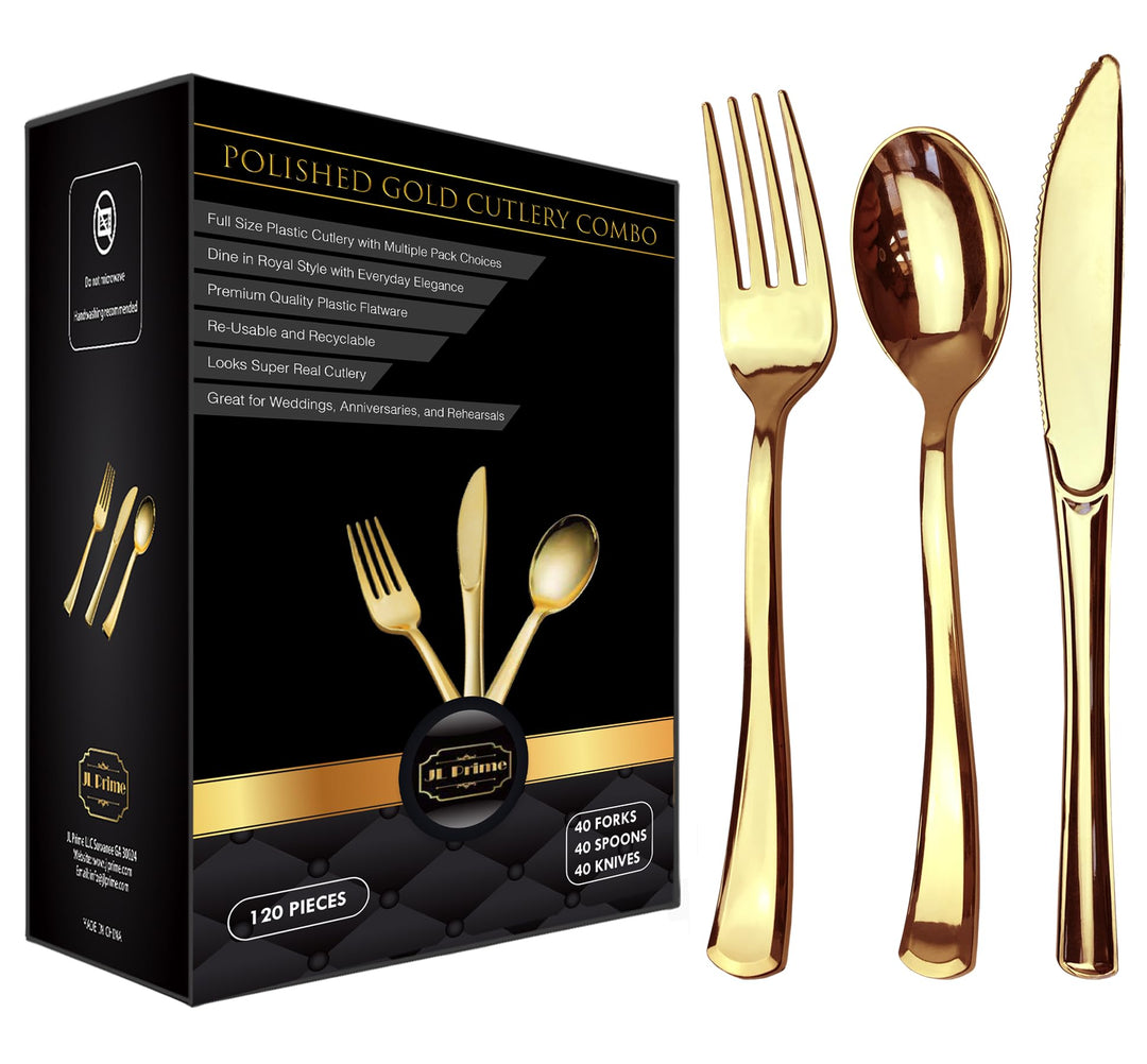 JL Prime 120 Gold Kunststoff-Besteck-Set, Gold Kunststoff-Besteck-Set, strapazierfähige Utensilien,