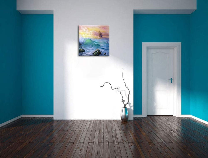 Sturm überm Meer Kunst, Format: 70x70 auf Leinwand, XXL riesige Bilder fertig gerahmt mit Keilrahmen