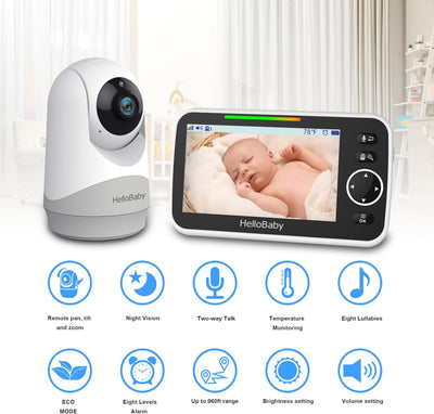 HelloBaby Monitor mit Kamera und Audio, 12,7 cm (5 Zoll) grosser Bildschirm mit 3500 mAh Akku, Ferns