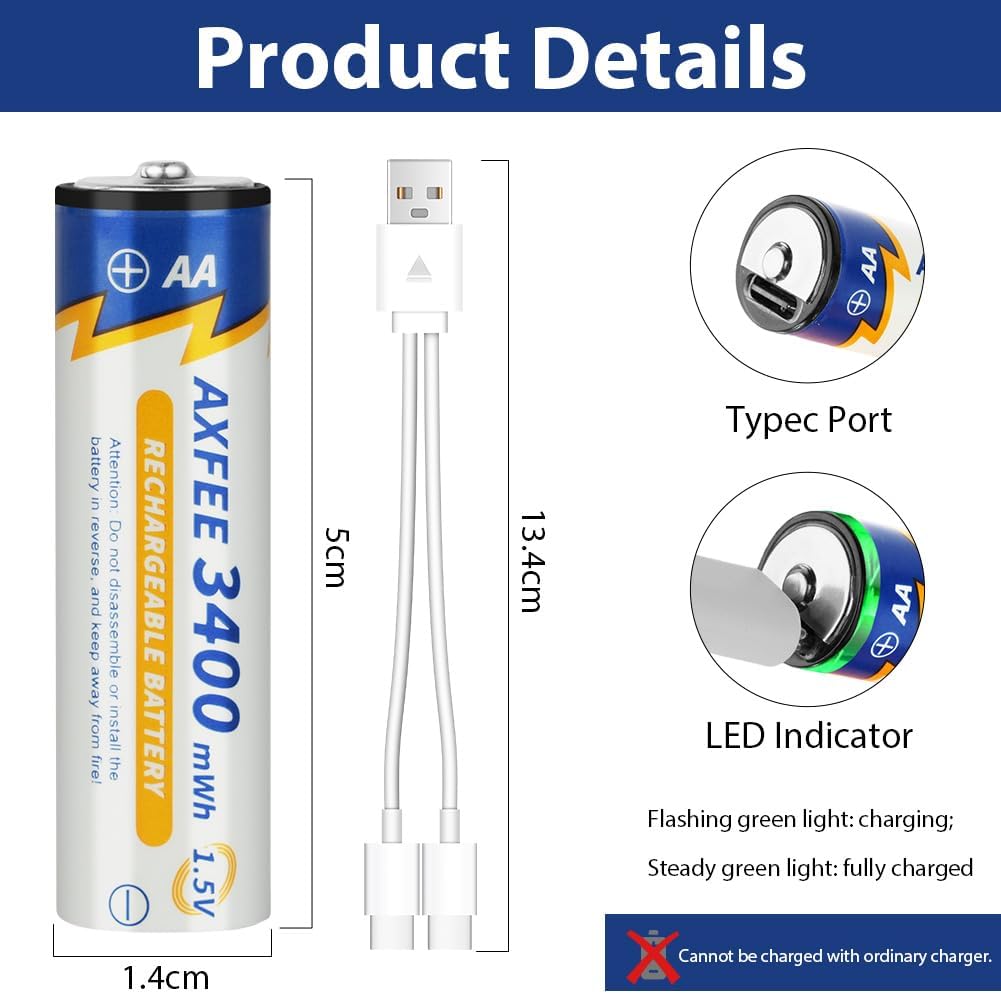 AXFEE Wiederaufladbare Lithium AA Akku, 4 Stück 1.5V 3400mWh USB-C AA Akkus Lithium mit 2-in-1 Ladek
