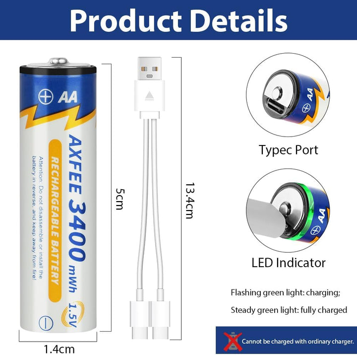 AXFEE Wiederaufladbare Lithium AA Akku, 4 Stück 1.5V 3400mWh USB-C AA Akkus Lithium mit 2-in-1 Ladek