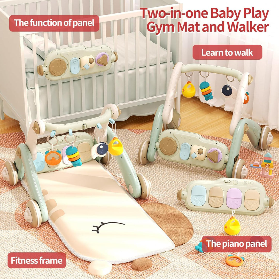 JOVOW 2-in-1 Babygym mit Lernwagen, Babyspielmatte mit 4 Sensorischen Lern-elementen, Doppelseitige