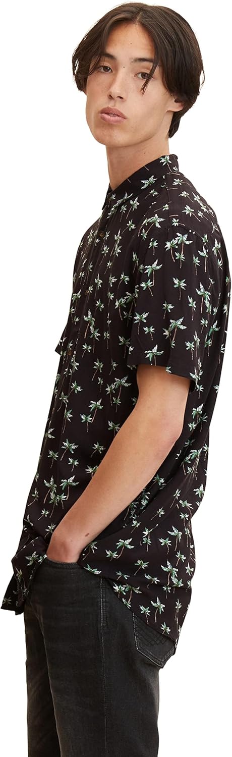 TOM TAILOR Denim Herren Relaxed Fit Kurzarmhemd S 29735 - Grey Real Palm Print, S 29735 - Grey Real