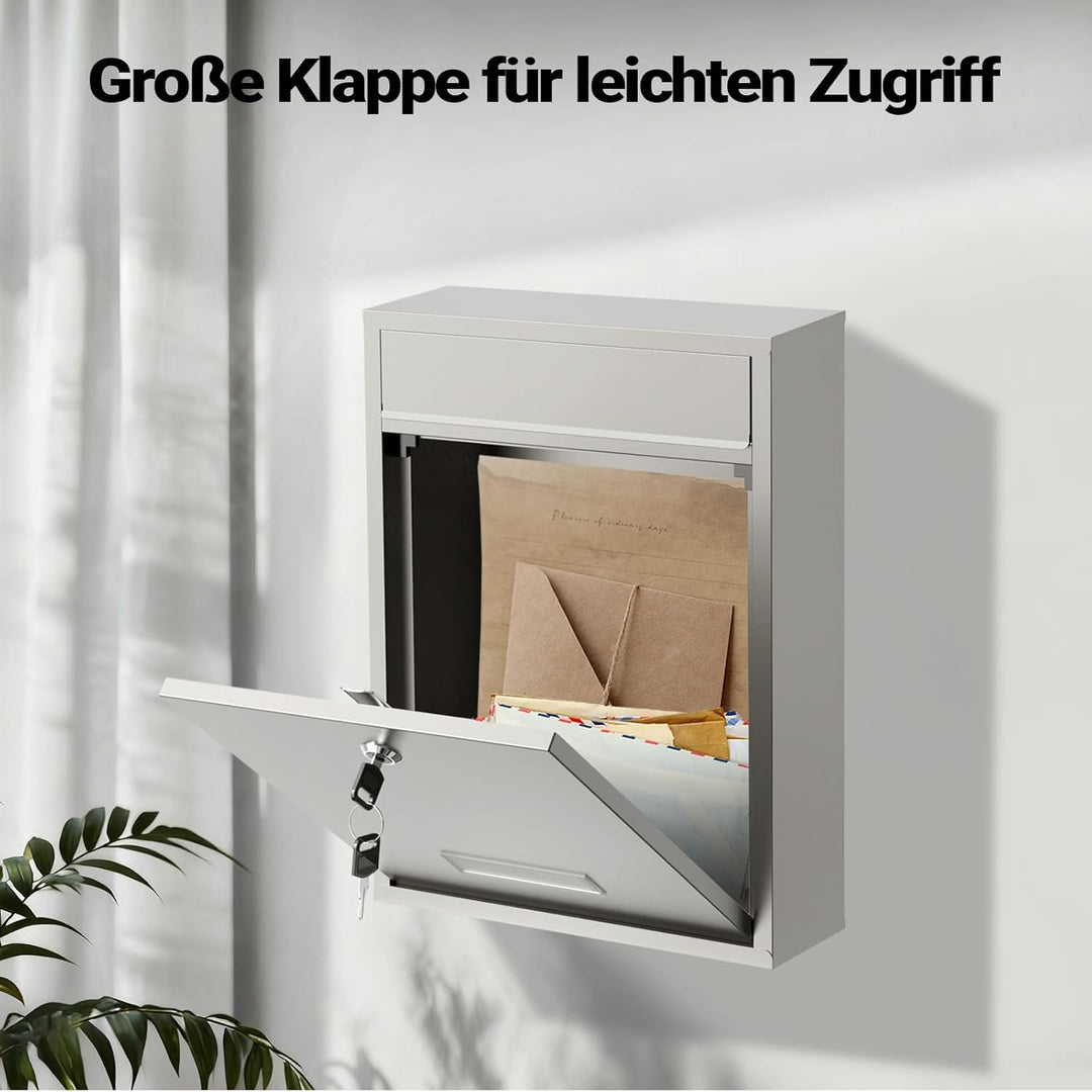 Wiltec Briefkasten V10 Edelstahl 260 x 90 x 350 mm, Wandbriefkasten mit Schloss und Namensschild, Po