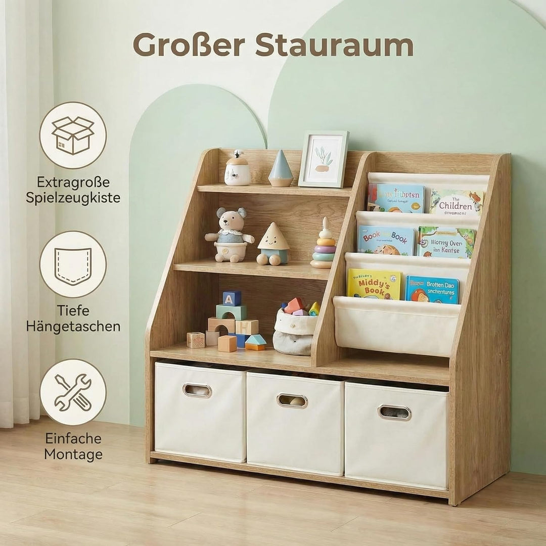 Kinder Bücherregal mit Aufbewahrung – 4‑stufiges Montessori Spielzeugregal aus Holz mit 3 Schubladen