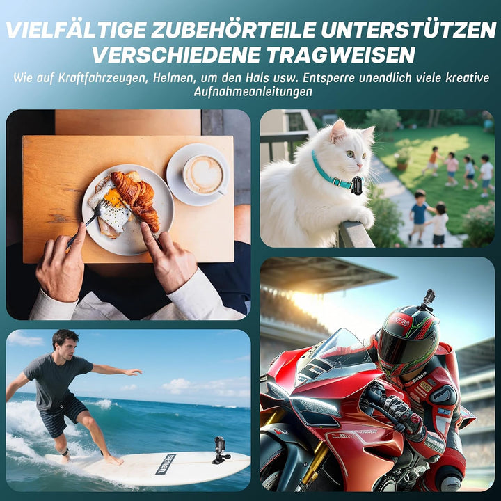 Action Cam WiFi, 4K Mini Unterwasserkamera Wasserdicht bis 30M, 360° Helmkamera Fahrrad,Freihand-POV
