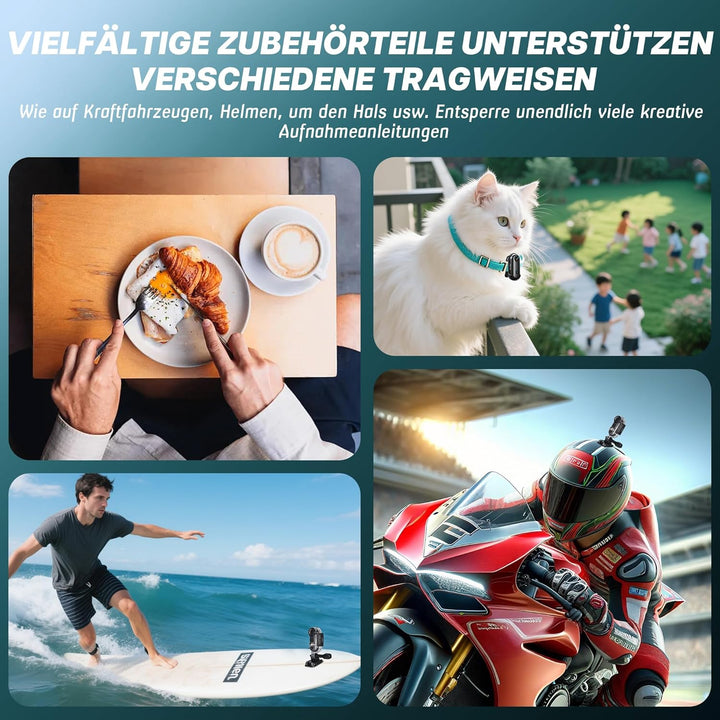 Action Cam WiFi, 4K Mini Unterwasserkamera Wasserdicht bis 30M, 360° Helmkamera Fahrrad,Freihand-POV