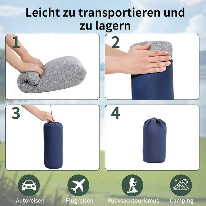 Reisekissen Memory Foam, Reisekopfkissen, Camping Kissen mit Packsack, Ideal für Auto, Flugzeug und