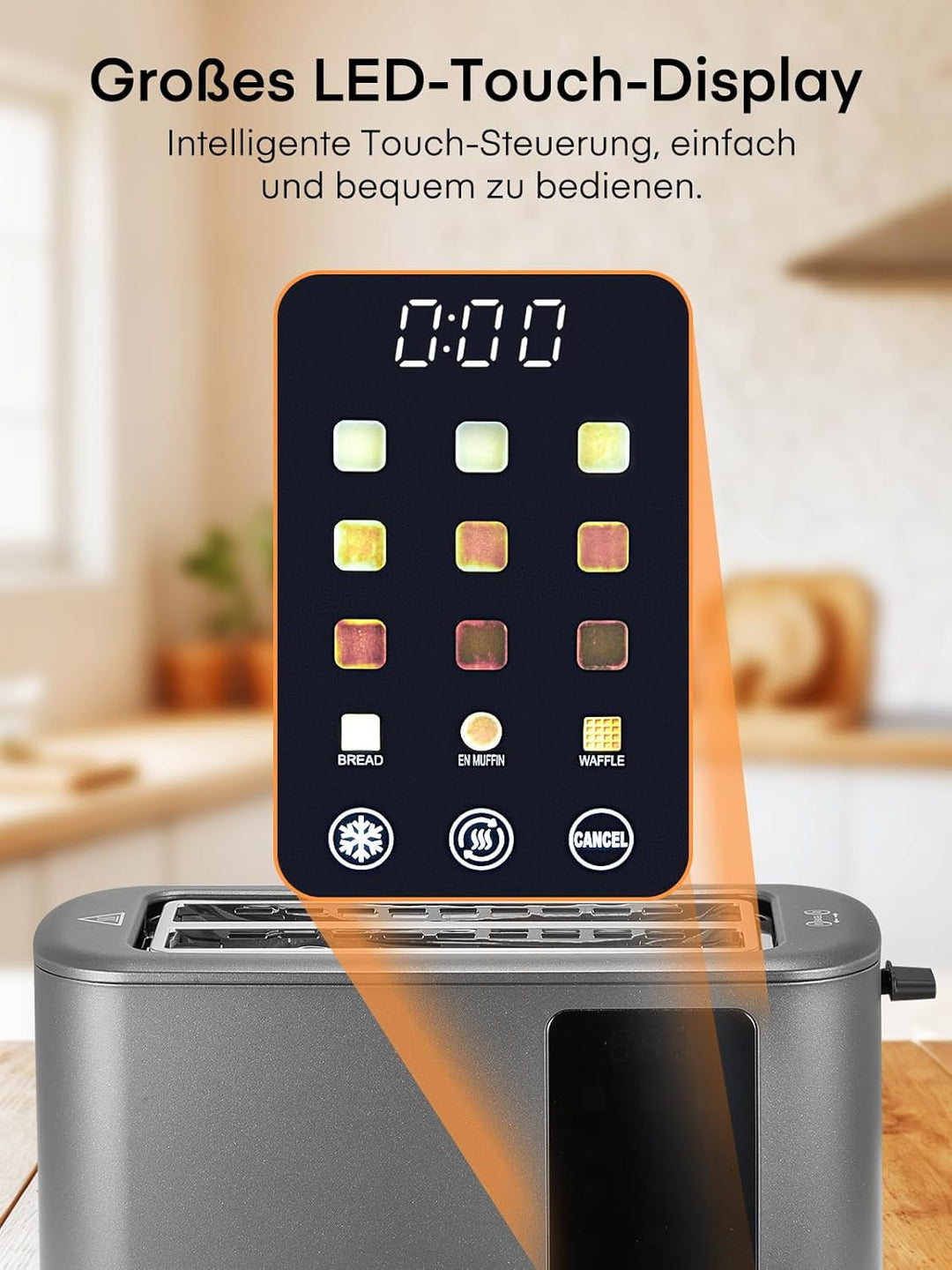 Toaster 4 Scheiben, 1400W Edelstahl Langschlitz Toaster, 9 Farbeinstellungen und 3 Brotsorten, Abbru