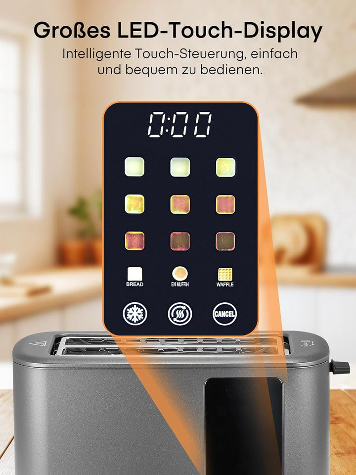 Toaster 4 Scheiben, 1400W Edelstahl Langschlitz Toaster, 9 Farbeinstellungen und 3 Brotsorten, Abbru