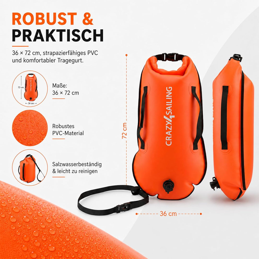 crazy4sailing Schwimmboje Dry Bag, wasserdichter Trockensack & aufblasbare Schwimmhilfe, 36 x 72 cm,
