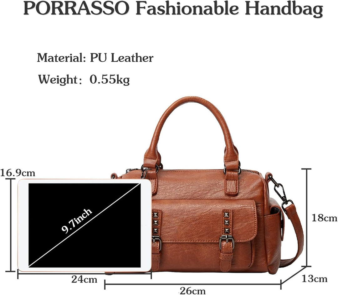 PORRASSO Retro Handtasche Damen Umhängetaschen Frauen Schultertaschen mit Anhänger Wasserdicht PU-Le