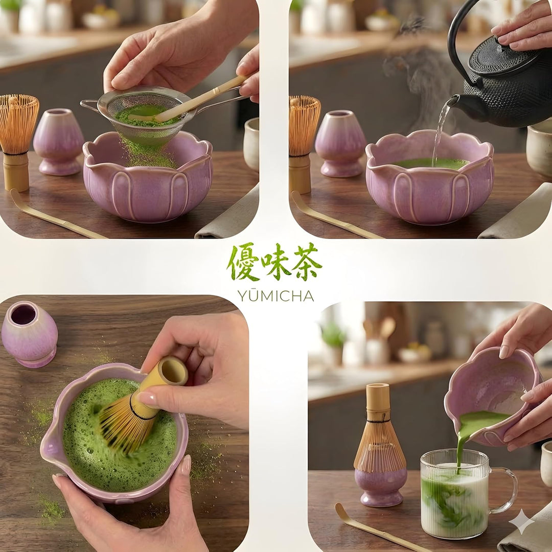 Matcha Set 10 – teilig – Rosa Koffer & Rosa Lotus-Schale – mit Bambusbesen, Löffel, Halter, Sieb – M