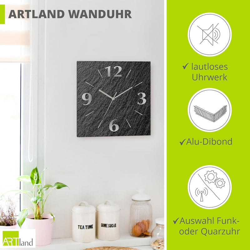 ARTLAND Wanduhr ohne Tickgeräusche Alu Quarzuhr 30x30 cm Quadratisch Lautlos analoge Quarzuhr, 4 Zif