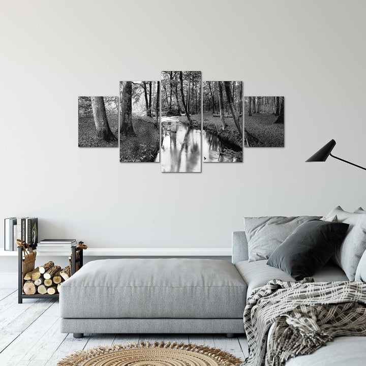 Runa Art Bild Schlafzimmer Wohnzimmer Wald Landschaft 5 Teilig Fluss Grau Wandbilder auf Vlies Leinw