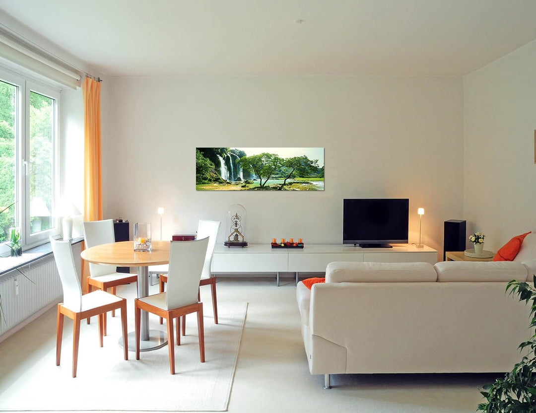 Paul Sinus Art Panoramabild auf Leinwand und Keilrahmen 150x50cm Vietnam Bäume Wald Wasserfall Natur