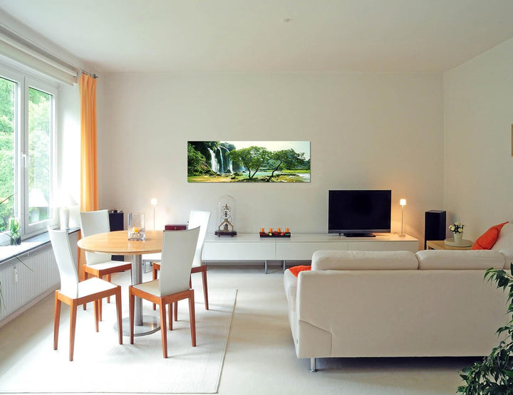 Paul Sinus Art Panoramabild auf Leinwand und Keilrahmen 150x50cm Vietnam Bäume Wald Wasserfall Natur