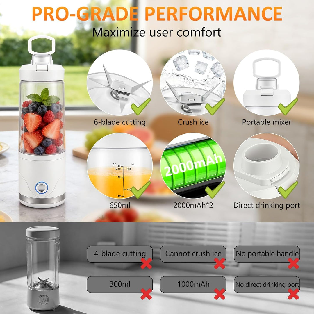 Tragbarer Mixer & Smoothie Maker to go 650ml, 4000mAh Akku USB-C wiederaufladbar | Zerkleinert Eis &