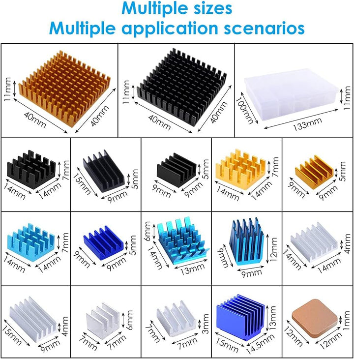 GeeekPi 102 PCS (12 Verschiedene Grössen) Kühlkörper Kit mit leitfähigem Klebeband, Aluminium Kühlkö