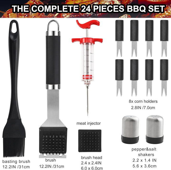 grilljoy Grillbesteck Set 24-teilig aus Edelstahl mit Aluminiumkoffer – Hitzebeständige Griffe & rut