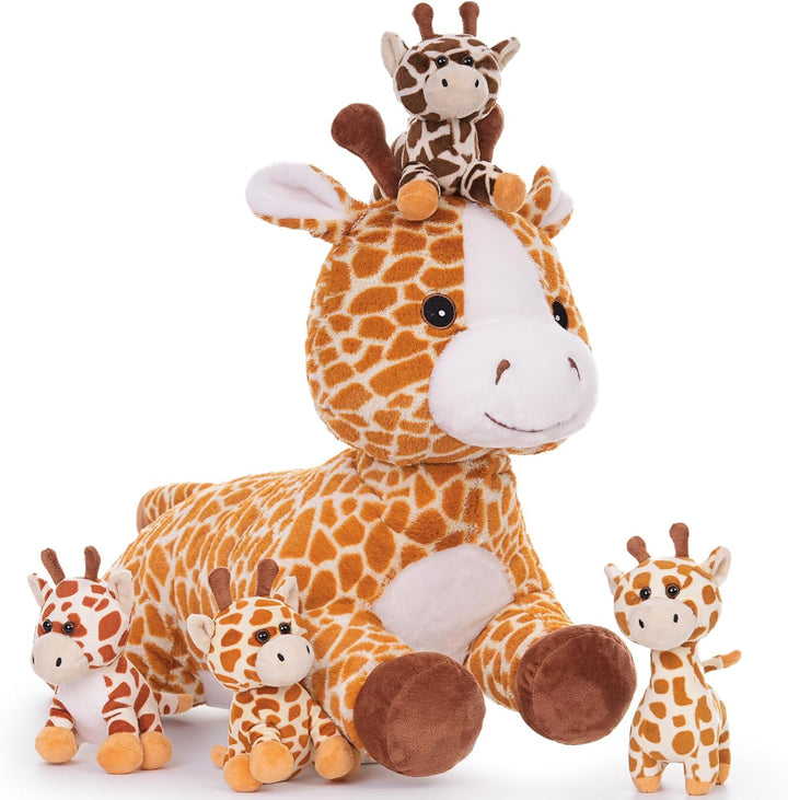 MorisMos 55cm lang riesen Giraffe Kuscheltier gross, Giraffe Stofftier XXL mit 4 Plüschbaby im Bauch