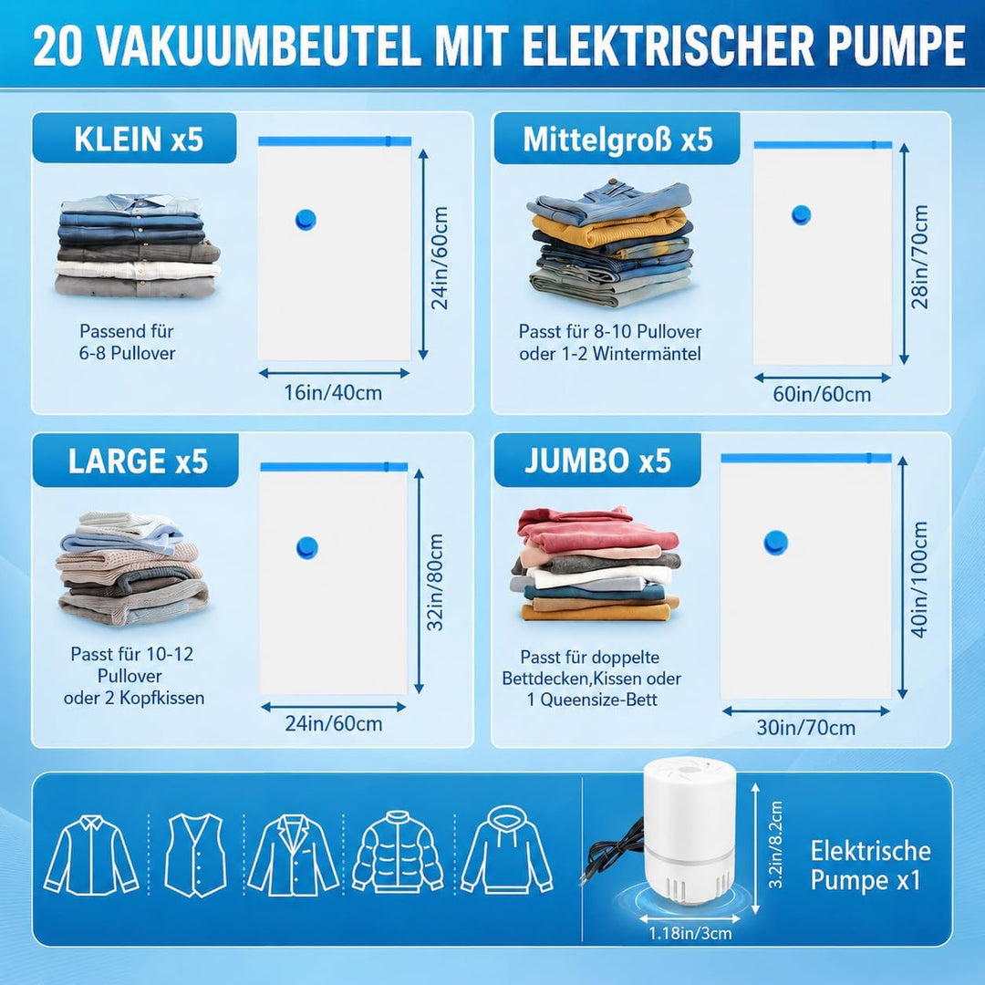 Vakuumbeutel für Kleidung 20 Stück mit Elektrischer Luftpumpe Vakuumierbeutel (5xJumbo/5xGross/5xMit