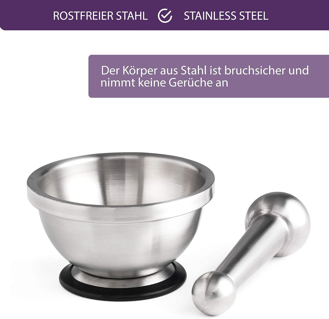 Mastrad Mörser und Stössel aus Edelstahl - widerstandsfähig und geruchsneutral - mit rutschfestem Bo