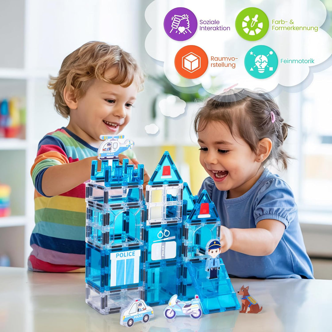 cossy Magnetische Bausteine, 42 Teile Magnetbausteine für Kinder Polizei-Thema, Magnetspiel für Kind