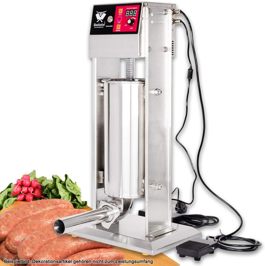 Beeketal BT6-E Elektrischer Wurstfüller 6 L, Edelstahl, mit Fusspedal, 4 Fülltüllen, 230 V