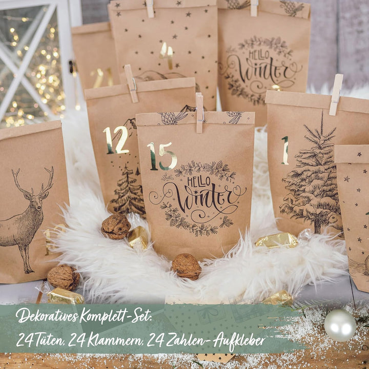 Papierdrachen Adventskalender 2025 zum Befüllen - 24 bedruckte Papiertüten mit Zahlenaufklebern & Kl