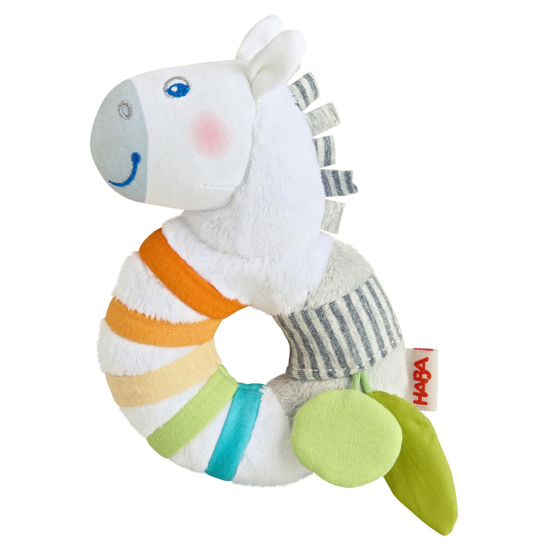 HABA Greifling Zebra – Plüsch-Greifspielzeug für Babys mit Rassel & extra-weichem Stoff – Fördert Si