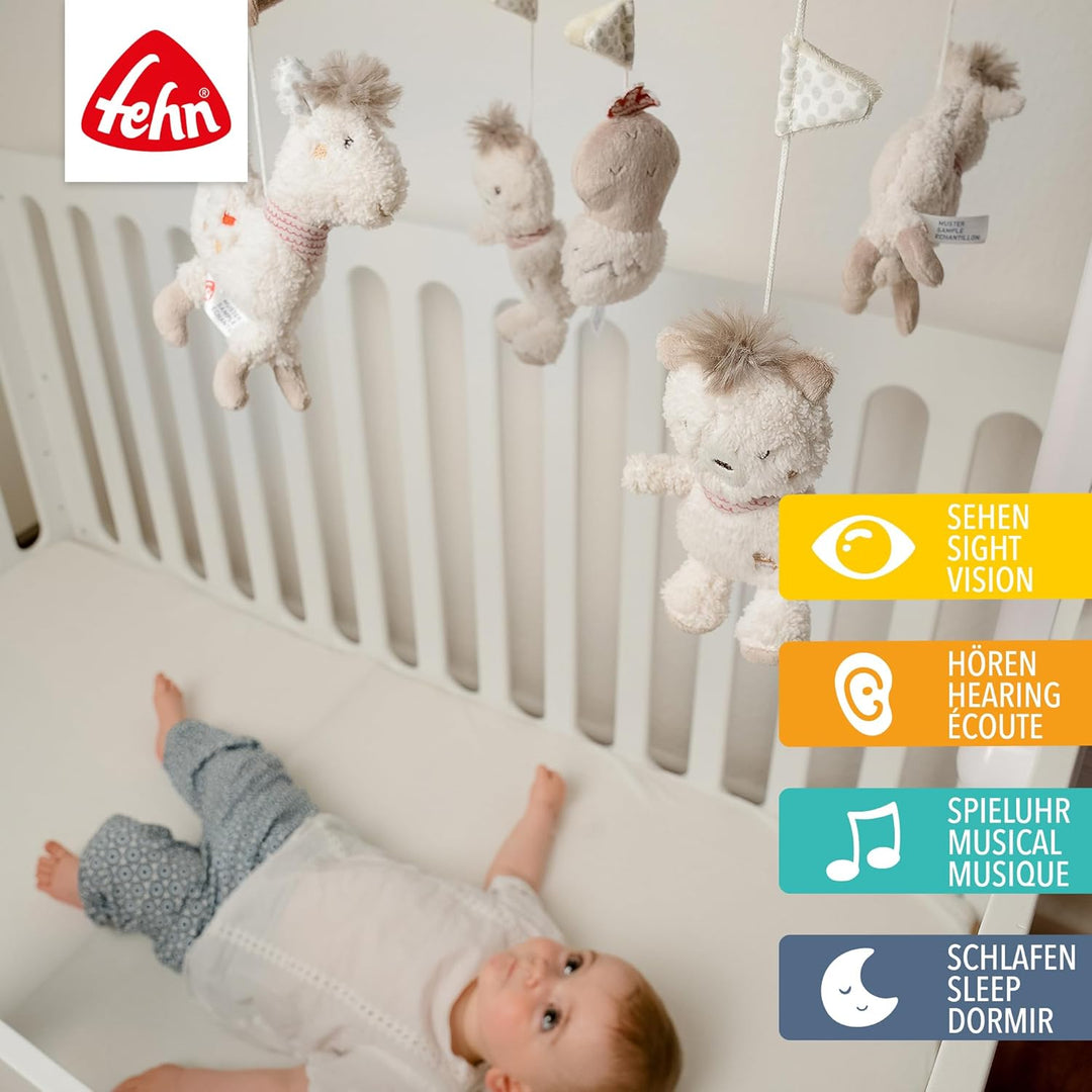 Fehn Musik Mobile Peru - Baby Einschlafhilfe Musikspielzeug mit süssen Tieren - Babymobile Spieluhr