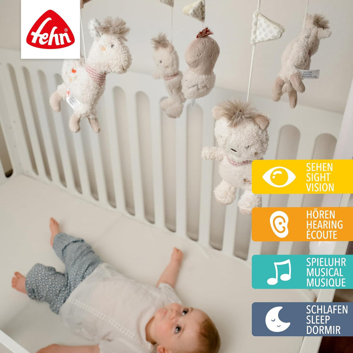 Fehn Musik Mobile Peru - Baby Einschlafhilfe Musikspielzeug mit süssen Tieren - Babymobile Spieluhr