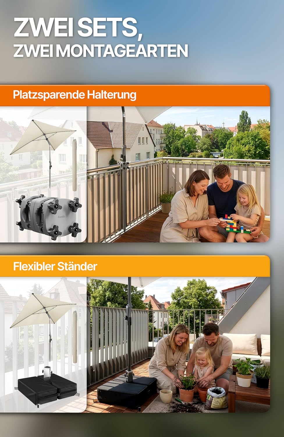 4smile Sonnenschirm Balkon mit Kurbel, Sonnenschirm rechteckig 200x125 cm, Sonnenschutz Balkon mit U