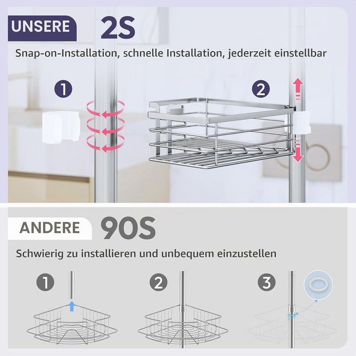 SWTYMIKI Duschregal Teleskop Dusche Teleskopstange - 4-Tier Teleskop Eckregal Dusche mit Seifenhalte