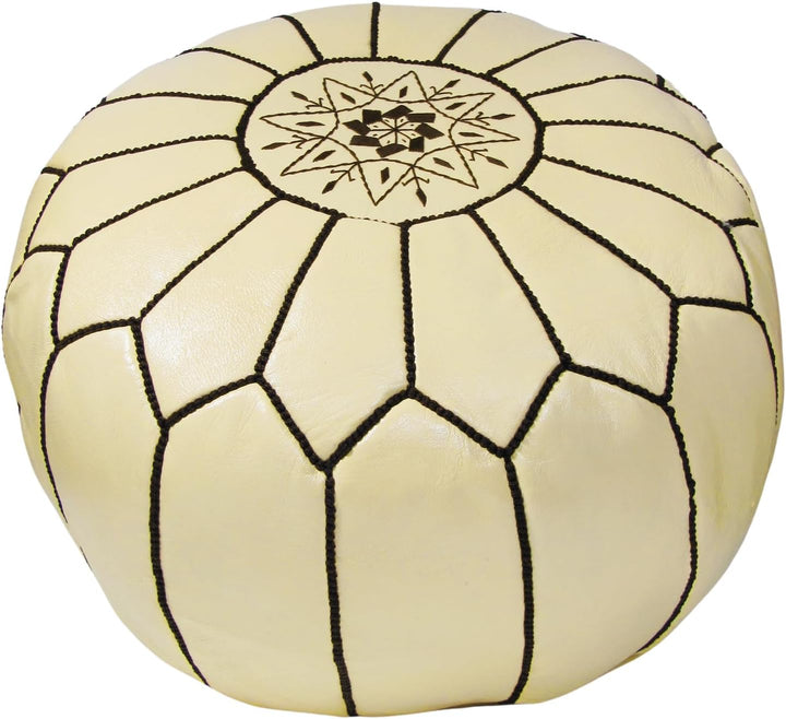 ALMADIH Leder Pouf Creme Echtleder Sitzkissen Beige mit brauner Ziernaht - gefüllt geliefert - Tradi