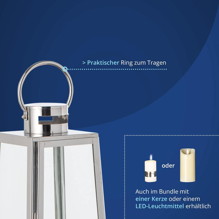 KHG Laterne 70 cm in Silber aus Stahl/Glas, pyramidenförmig, praktischer Tragegriff Kerzenständer, K