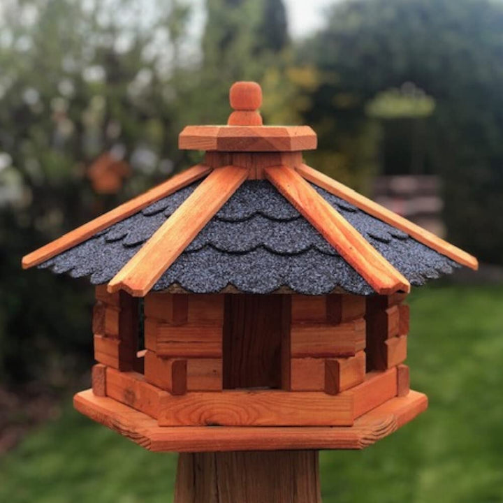 Handgefertigtes Sechseck Vogelhaus aus Holz wetterfest M - XXL wahlweise mit und ohne Ständer, Futte