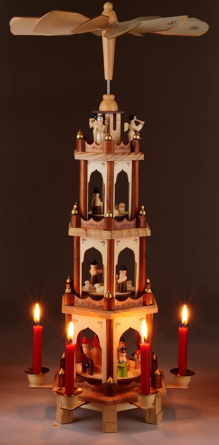 Brubaker Weihnachtspyramide Holzpyramide - Natur - 4 Etagen - 60 cm Höhe - handbemalte Figuren Natur