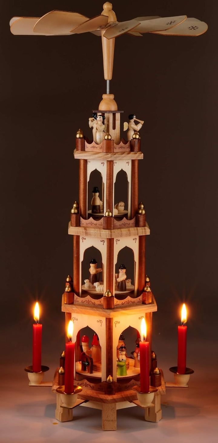 Brubaker Weihnachtspyramide Holzpyramide - Natur - 4 Etagen - 60 cm Höhe - handbemalte Figuren Natur