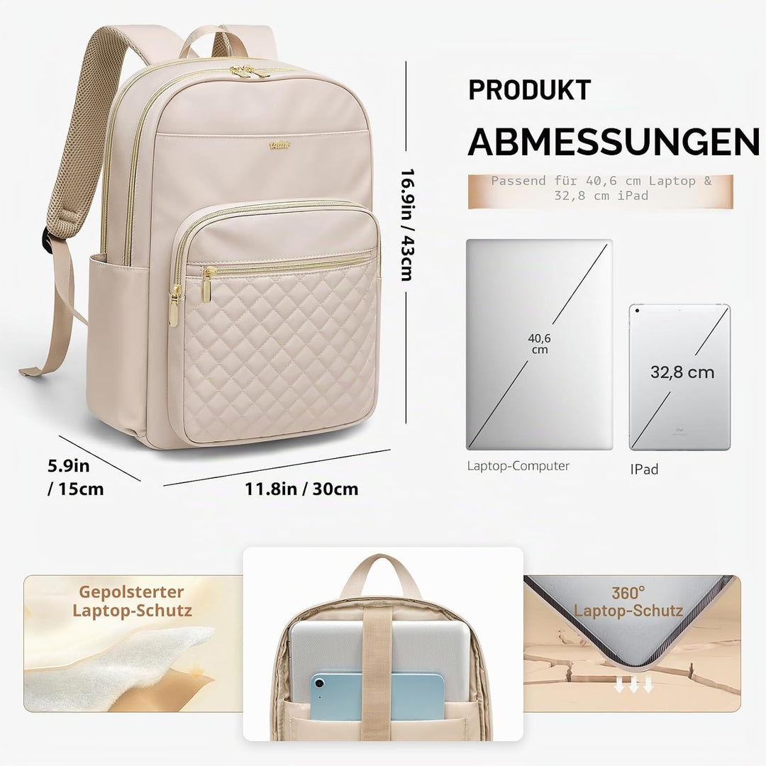 VNINE Rucksack Damen，16 Zoll Laptop Schulrucksack Mädchen, Wasserdicht Tagesrucksäcke Reiserucksack