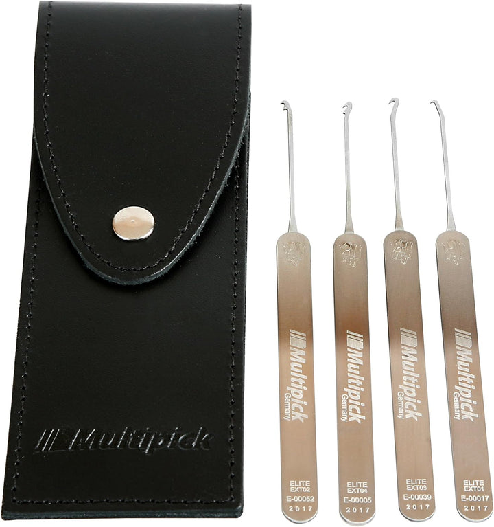 Multipick Extraktor 4 Stück Haken Schlüsseldienst Werkzeug Set Profi 0.6 mm im Lederetui - abgebroch